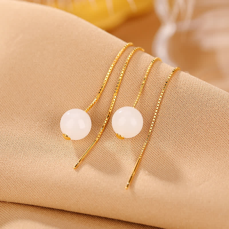 Buddha Stones 925 Sterling Silver White Jade Beaded Happiness Drop Earrings
