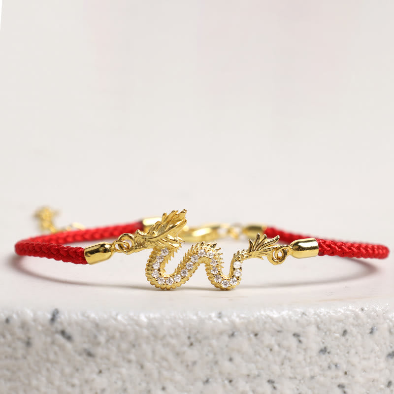 Buddha Stones 925 Sterling Silver Year Of The Dragon Auspicious Golden Dragon Luck Red Rope Chain Bracelet (Extra 30% Off | USE CODE: FS30)