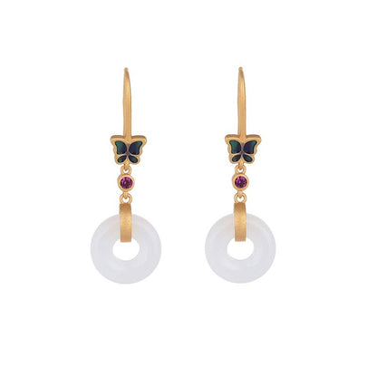 Buddha Stones FengShui White Jade Butterfly Fortune Earrings