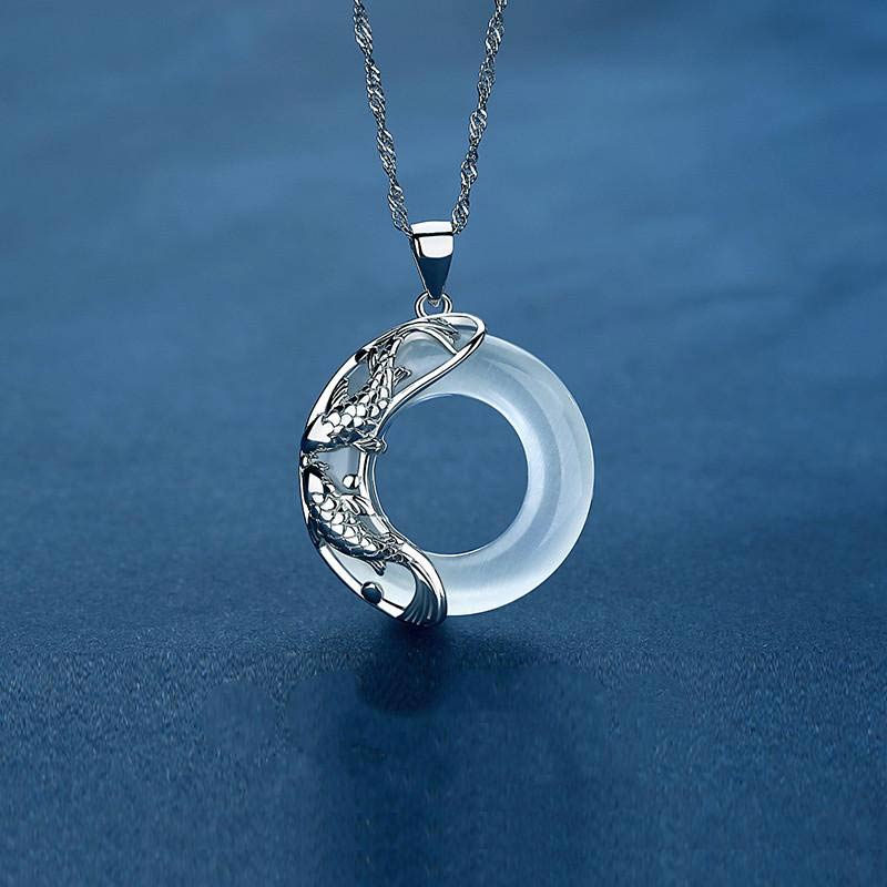 Buddha Stones "Wishing Luck and Prosperity" White Jade Koi Fish Necklace Includes Gift Message Card