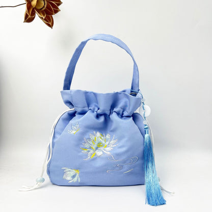 Buddha Stones Embroidered Lotus Koi Fish Crane Camellia Cotton Linen Tote Crossbody Bag Shoulder Bag Handbag