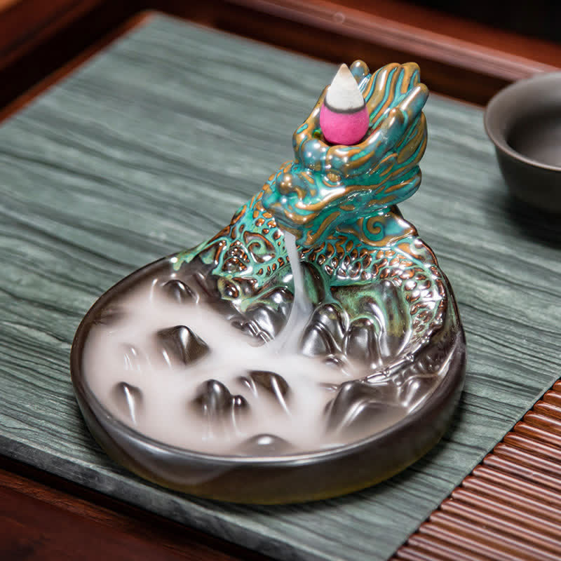 Buddha Stones Dragon Pattern Ceramic Backflow Smoke Fountain Incense Burner Decoration