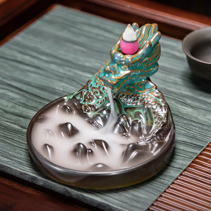 Buddha Stones Dragon Pattern Ceramic Backflow Smoke Fountain Incense Burner Decoration
