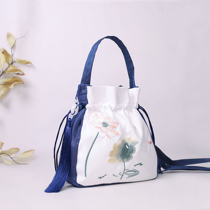 Buddha Stones Embroidered Lotus Koi Fish Crane Camellia Cotton Linen Tote Crossbody Bag Shoulder Bag Handbag