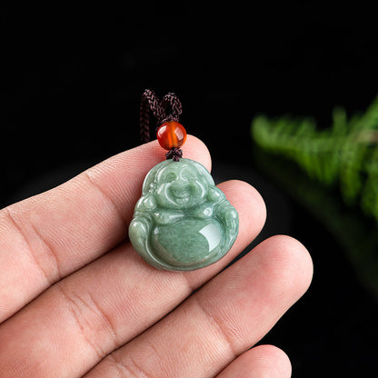 Buddha Stones Laughing Buddha Cyan Jade Success Necklace String Pendant