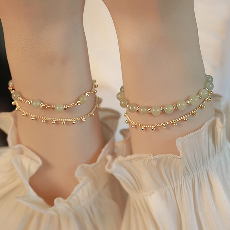 Buddha Stones 14K Gold Plated 2 Layers Hetian Jade Bead Luck Prosperity Bracelet