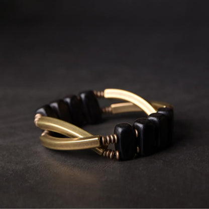 Buddha Stones Tibetan Ebony Wood Brass Copper Balance Double Layer Bracelet