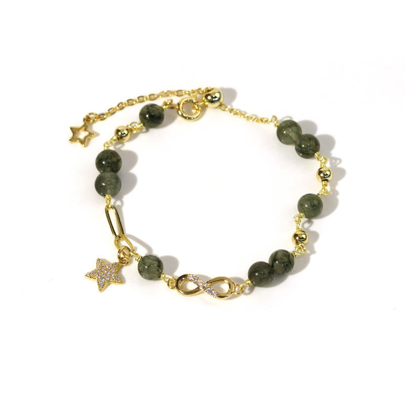 Buddha Stones 14k Gold Plated Copper Green Rutilated Quartz Möbius Loop Eternal Love Star Protection Bracelet