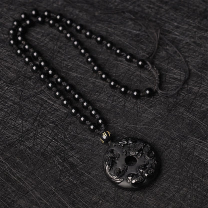 Buddha Stones Black Obsidian Dragon Phoenix Mandarin Duck Luck Protection Necklace Pendant
