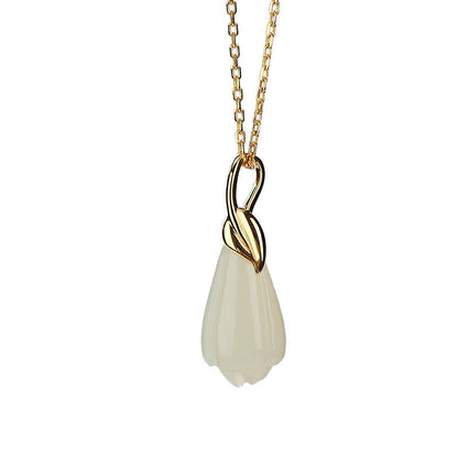 Buddha Stones 925 Sterling Silver Plated Gold Natural Hetian Jade Magnolia Flower Abundance Necklace Pendant