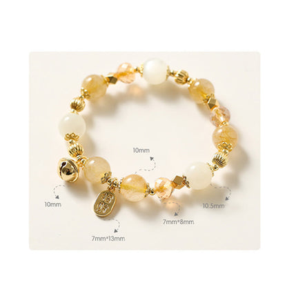 Buddha Stones 14K Gold Plated Golden Rutilated Quartz Wealth Bell Lucky Fortune Charm Bracelet