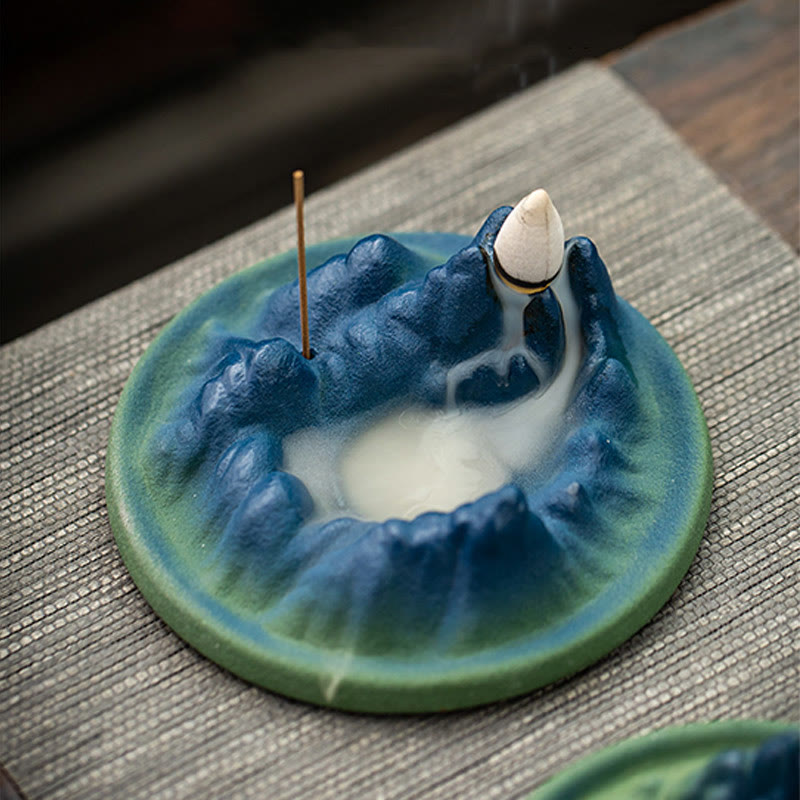 Buddha Stones Creative Mountain River Ceramic Healing Backflow Incense Burner