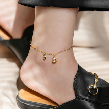 Buddha Stones 18k Gold Plated Copper Lucky Gourd Design Wealth Buckle Anklet