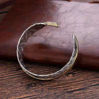 Buddha Stones Feather Pattern Carved Luck Wealth Cuff Bracelet Bangle