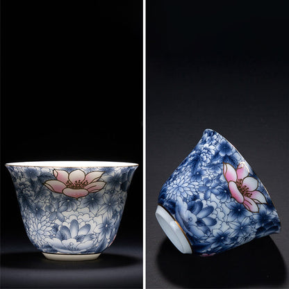 Buddha Stones Colorful Flowers Orchid Sea Waves Blue and White Porcelain Ceramic Teacup Kung Fu Tea Cup