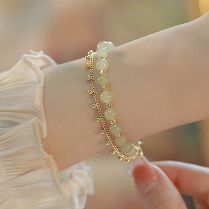 Buddha Stones 14K Gold Plated 2 Layers Hetian Jade Bead Luck Prosperity Bracelet