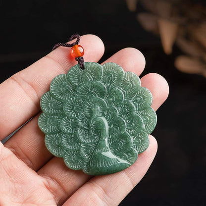 Buddha Stones Natural Jade Peacock Luck Prosperity Necklace Pendant