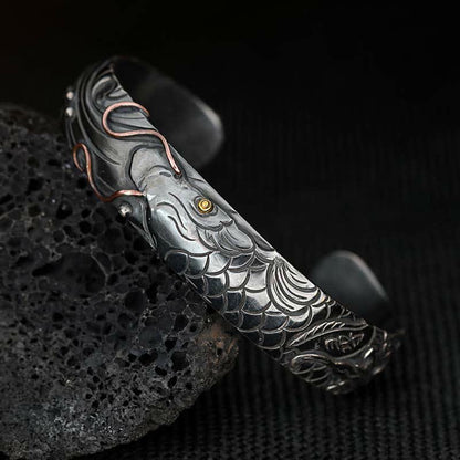 Buddha Stones 999 Sterling Silver 990 Gold Koi Fish Luck Wealth Success Bracelet Bangle