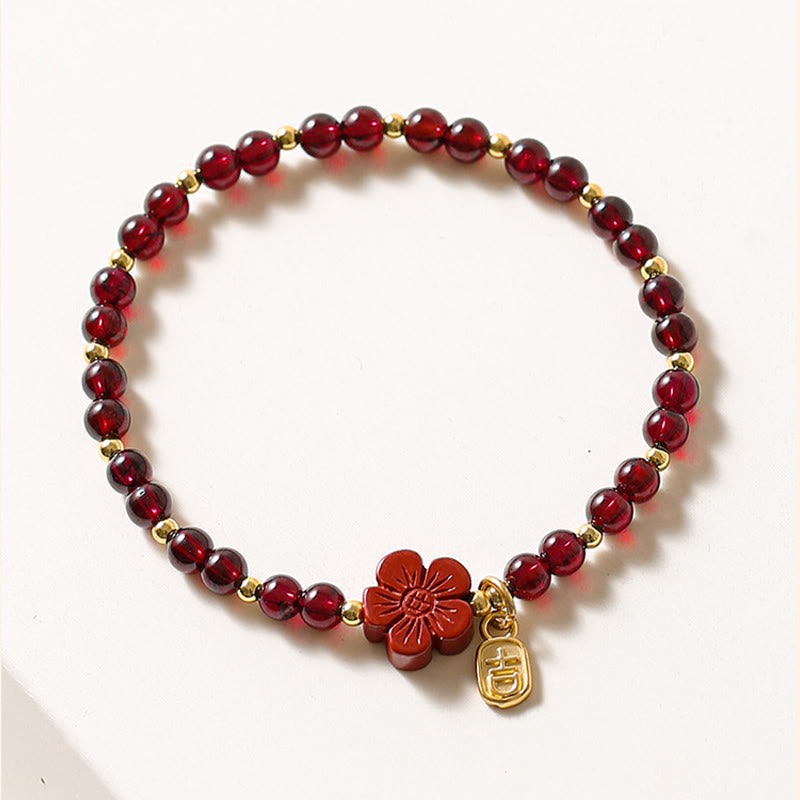 Buddha Stones 14K Gold Plated Natural Garnet Cinnabar Flower Calm Bracelet