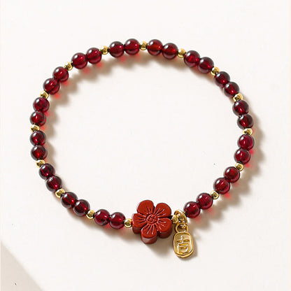 Buddha Stones 14K Gold Plated Natural Garnet Cinnabar Flower Calm Bracelet