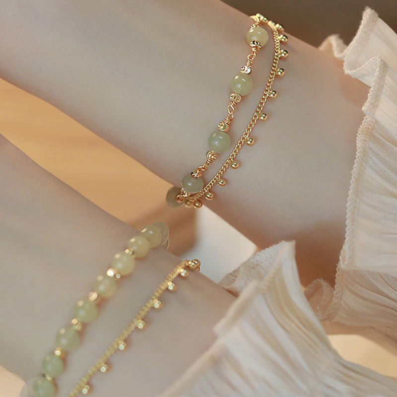 Buddha Stones 14K Gold Plated 2 Layers Hetian Jade Bead Luck Prosperity Bracelet