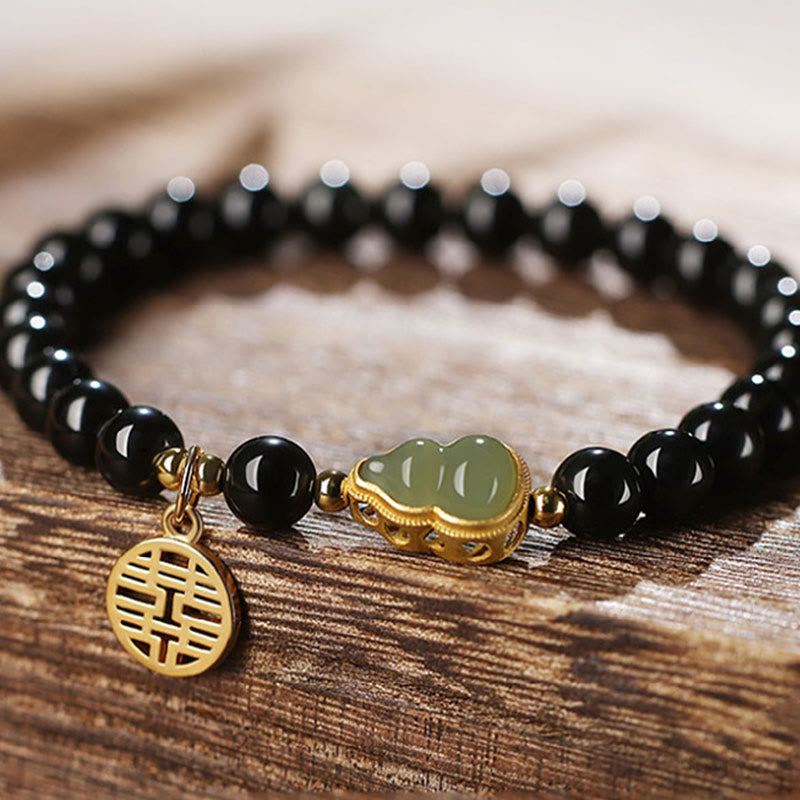 Buddha Stones Natural Black Obsidian Hetian Jade Gourd Double Happiness Strength Bracelet
