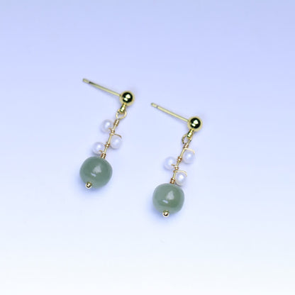 Buddha Stones Hetian Jade Flower Pattern 14K Gold Plated Luck Drop Dangle Earrings