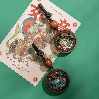 Buddha Stones Year Of The Dragon Hand Painted Chinese Zodiac Rosewood Carved Calm Key Chain