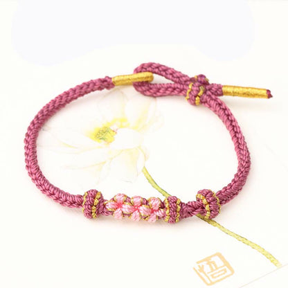 Buddha Stones Handmade Three Peach Blossoms Luck Eight Strands Braided String Bracelet