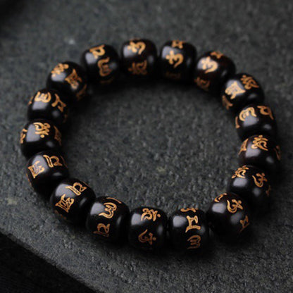 Buddha Stones Tibetan Ebony Wood Om Mani Padme Hum Engraved Peace Bracelet