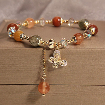 Buddha Stones Natural Fu Lu Shou Rainbow Crystal Rutilated Quartz Wealth Butterfly Charm Bracelet