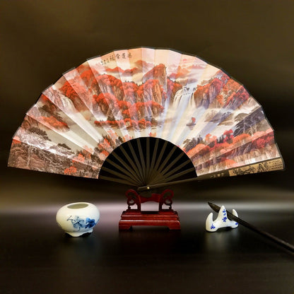 Buddha Stones Great Wall Mountains Trees Crane Bamboo Handheld Bamboo Folding Fan 33.5cm
