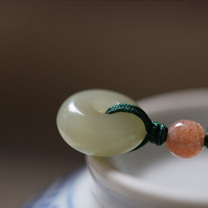Buddha Stones Natural Round Jade Peace Buckle Lotus Abundance String Necklace Pendant