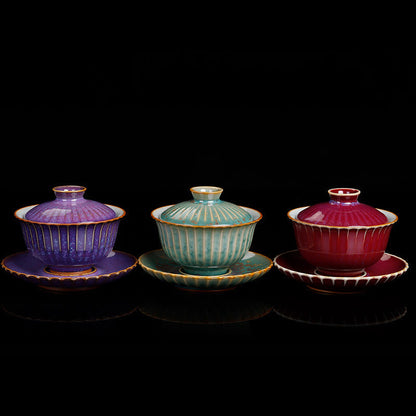 Buddha Stones Retro Glaze Kiln Change Ceramic Gaiwan Sancai Teacup Kung Fu Tea Cup And Saucer With Lid