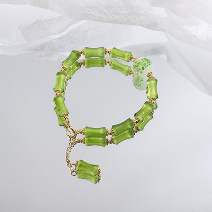 Buddha Stones Green Bamboo Pattern Liuli Crystal Moss Agate Wealth Chain Bracelet