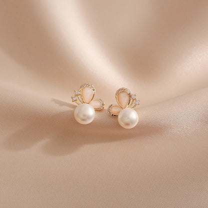 Buddha Stones 18k Gold Plated Pearl Butterfly Love Freedom Stud Earrings