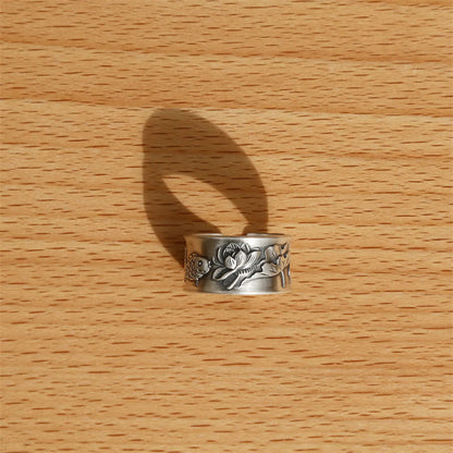 Buddha Stones 999 Sterling Silver Luck Koi Fish Lotus Heart Sutra Wealth Ring