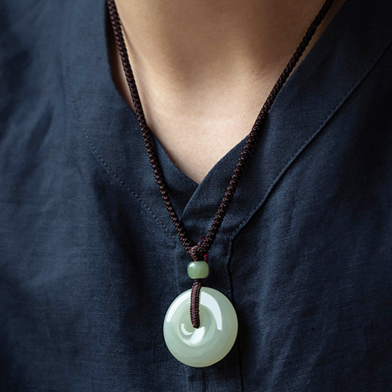 Buddha Stones Natural Round Jade Peace Buckle Luck Prosperity Necklace Pendant