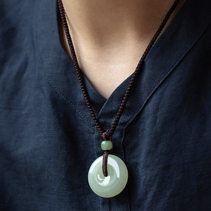Buddha Stones Natural Round Jade Peace Buckle Luck Prosperity Necklace Pendant