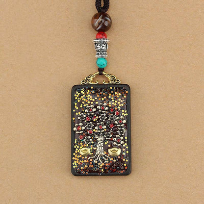 Buddha Stones Tibet God Of Wealth Money Tree Golden Phoenix Thangka Ebony Peace Necklace Pendant