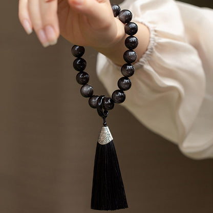 Buddha Stones Natural Silver Sheen Obsidian Black Obsidian Lion Wrist Mala Protection Tassels Pocket Mala Car Decoration