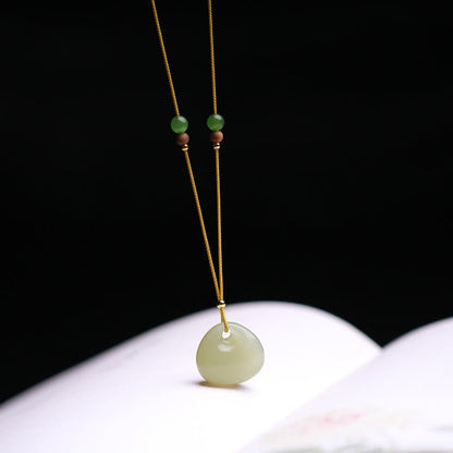 Buddha Stones Natural Hetian Jade Small Bag Pattern Prosperity String Necklace Pendant