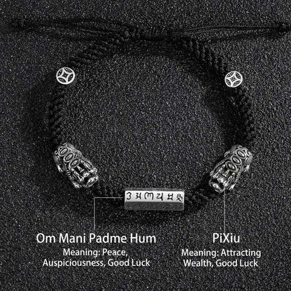 Buddha Stones Double PiXiu Feng Shui Copper Coin Om Mani Padme Hum String Bracelet