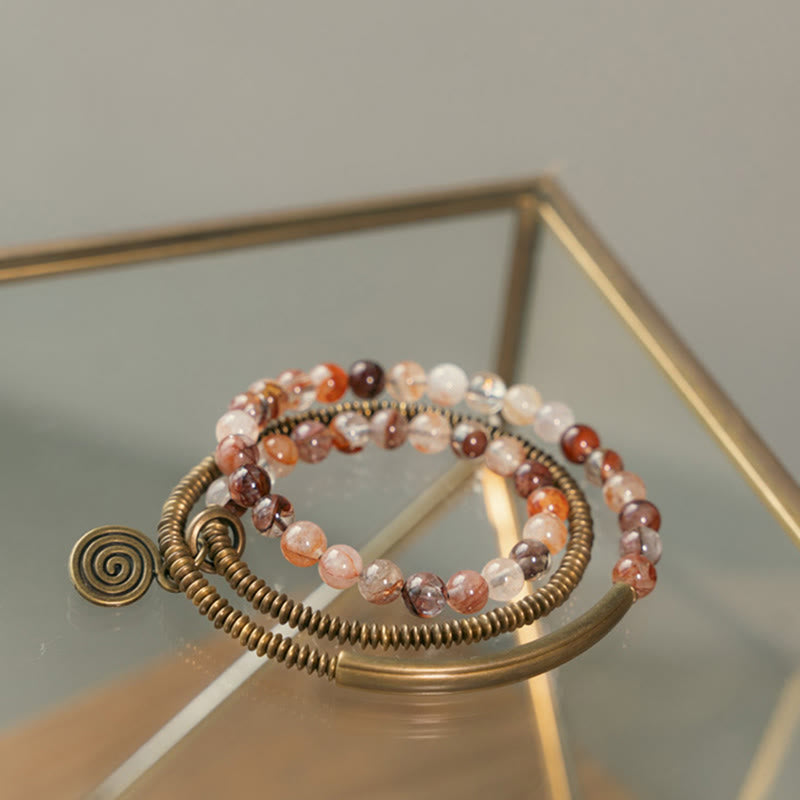 Buddha Stones Purple Phantom Red Hematoid Quartz Green Rutilated Quartz Copper Love Forgive Bracelet