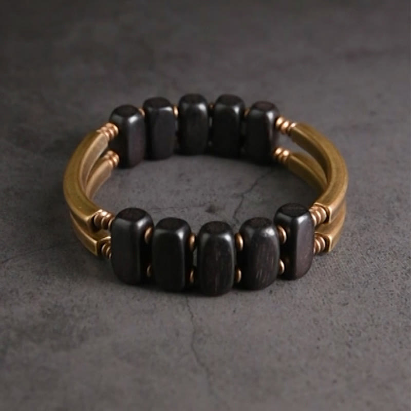 Buddha Stones Tibetan Ebony Wood Brass Copper Balance Double Layer Bracelet