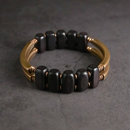 Buddha Stones Tibetan Ebony Wood Brass Copper Balance Double Layer Bracelet