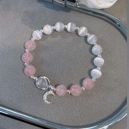 Buddha Stones Natural Cat's Eye Pink Crystal Moon Love Charm Bracelet