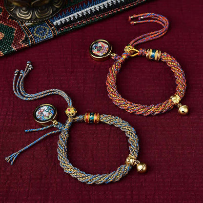 Buddha Stones Tibetan Handmade Luck Protection Thangka Prayer Wheel Bell Charm Braid String Bracelet