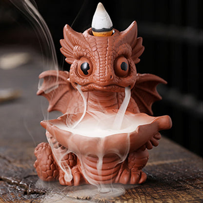 Buddha Stones Lovely Dinosaur Purple Clay Backflow Smoke Fountain Healing Incense Burner Decoration