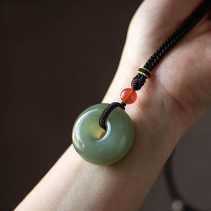 Buddha Stones Natural Round Jade Peace Buckle Lotus Abundance String Necklace Pendant